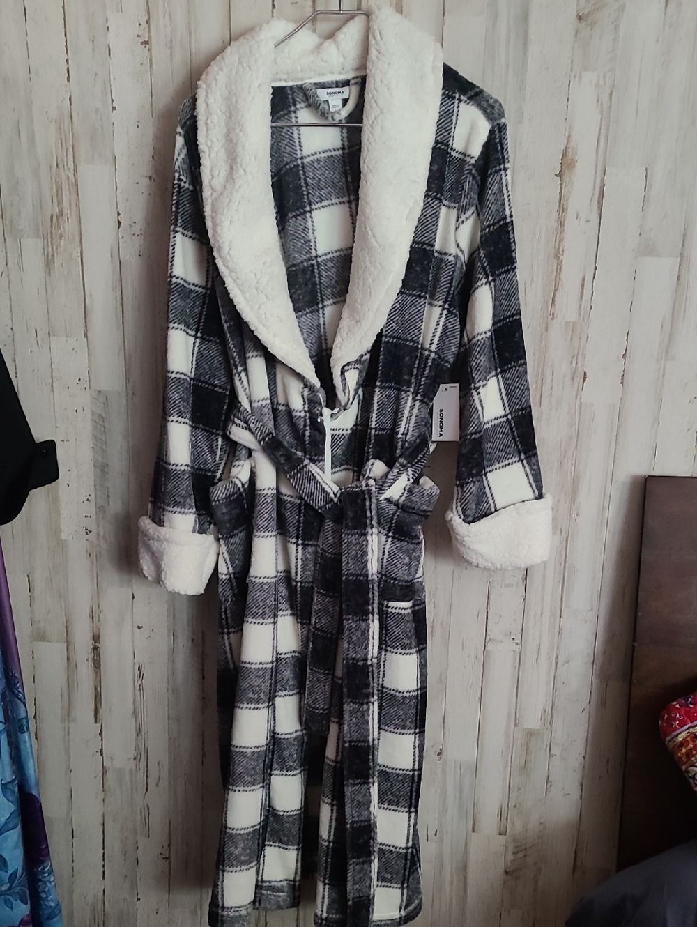 Cozy Black & White Plaid Sherpa Collar Robe Coat